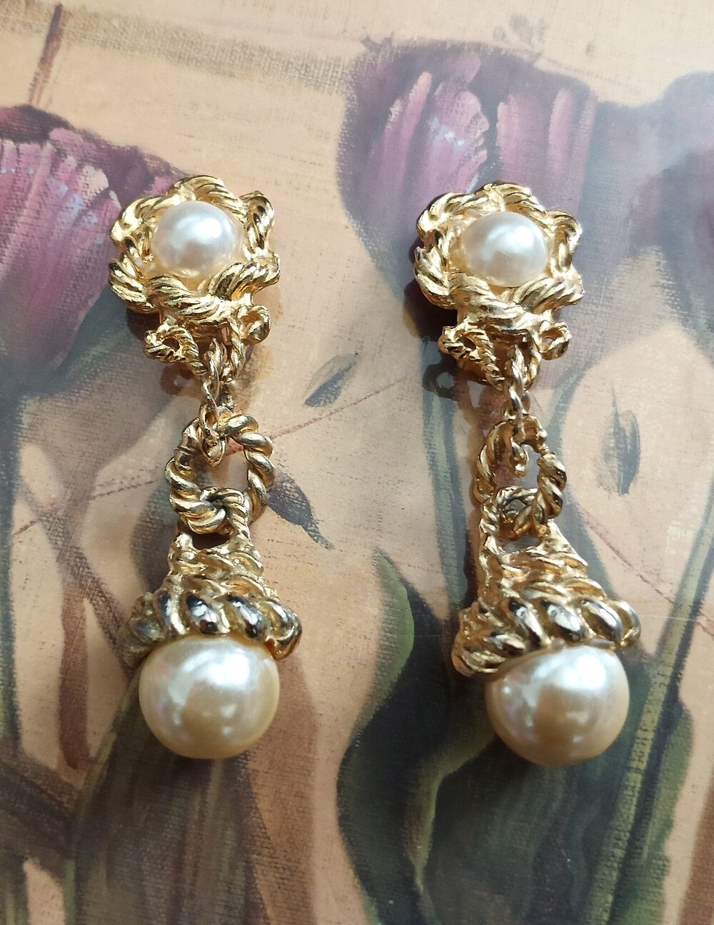 Vintage Pearl & Gold Long Dangle Clip Earrings